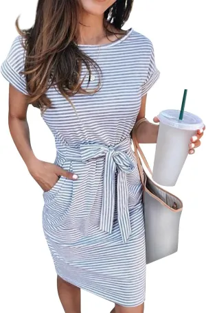2025 Womens Summer Vacation Dresses Short Sleeve Casual Tie Waist Striped Crewneck Trendy Resort Wear Dress