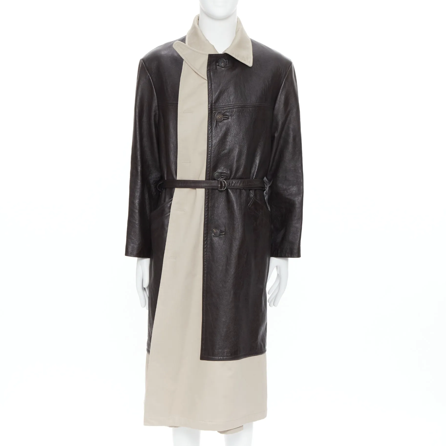 BALENCIAGA Fake Layering black leather beige trench belted coat M