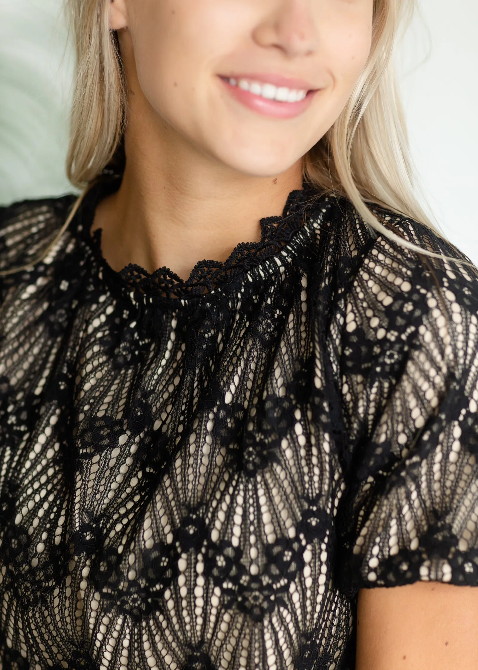 Black Eyelet Mock Neck Blouse - FINAL SALE