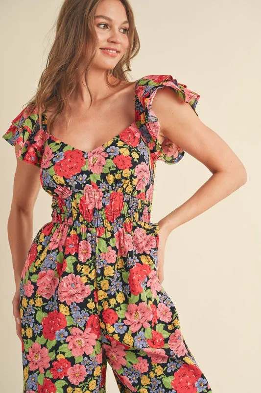 Black Multi Floral Flared Ruffle Hem Floral Jumpsuit