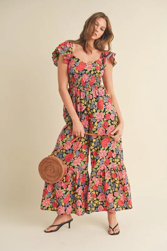 Black Multi Floral Flared Ruffle Hem Floral Jumpsuit