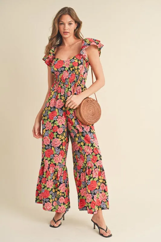 Black Multi Floral Flared Ruffle Hem Floral Jumpsuit
