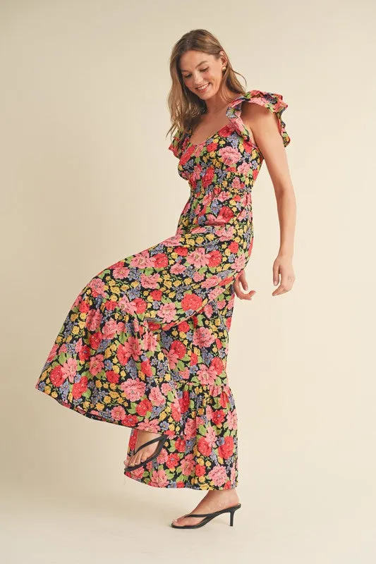 Black Multi Floral Flared Ruffle Hem Floral Jumpsuit
