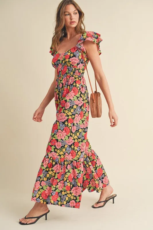 Black Multi Floral Flared Ruffle Hem Floral Jumpsuit