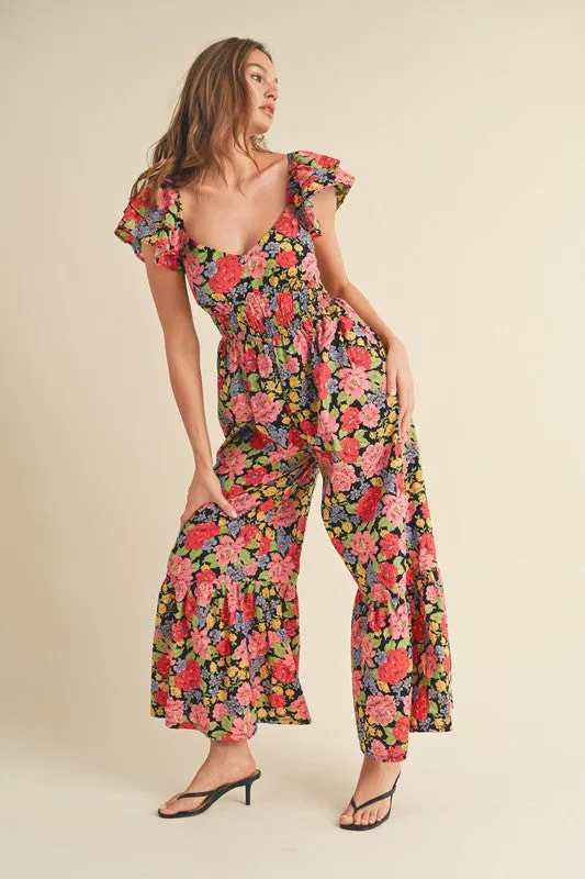 Black Multi Floral Flared Ruffle Hem Floral Jumpsuit