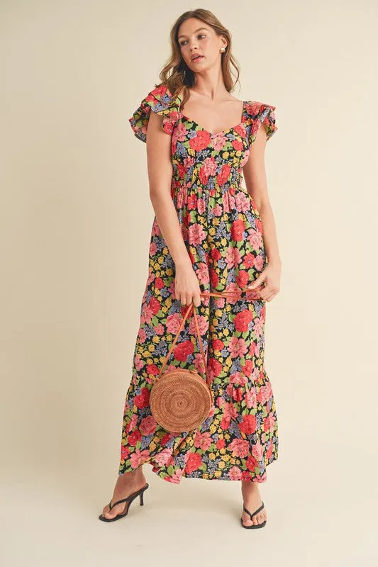 Black Multi Floral Flared Ruffle Hem Floral Jumpsuit