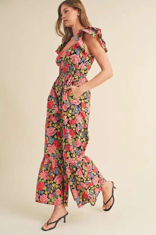 Black Multi Floral Flared Ruffle Hem Floral Jumpsuit