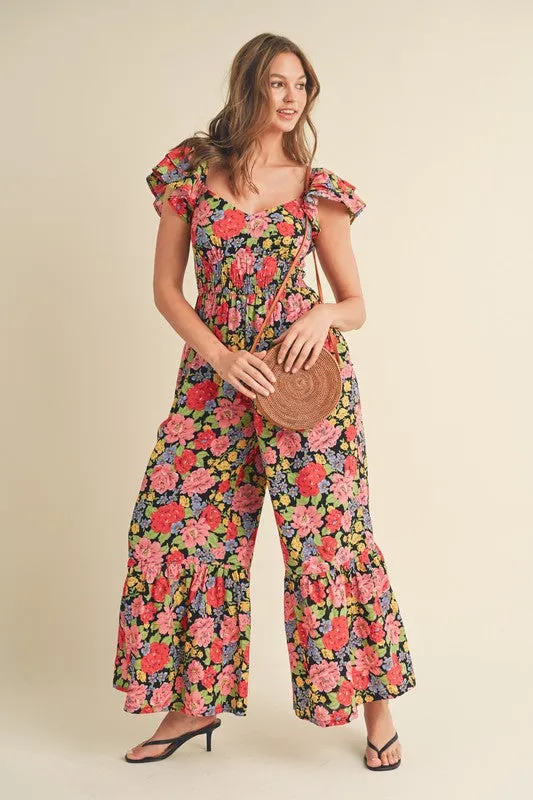 Black Multi Floral Flared Ruffle Hem Floral Jumpsuit