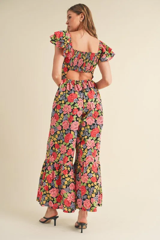 Black Multi Floral Flared Ruffle Hem Floral Jumpsuit