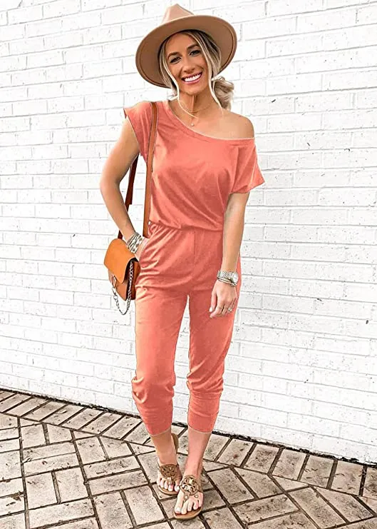 Brick Red Women's Loose Solid Off Shoulder Elastic Waist Stretchy Long Romper Jumpsuit - PRETTYGARDEN