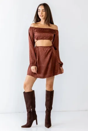 Chocolate Leopard Print Satin Off-The-Shoulder Open Front Mini Dress /1-1-1-1