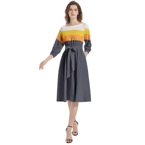 Corn Candy Boat Neck Belted Flared Dress