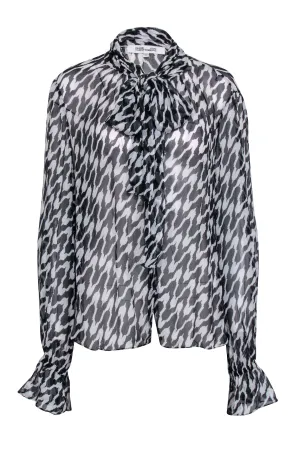 Diane von Furstenberg - Sheer Black & White Zebra Print Blouse w/ Front Tie Sz XL
