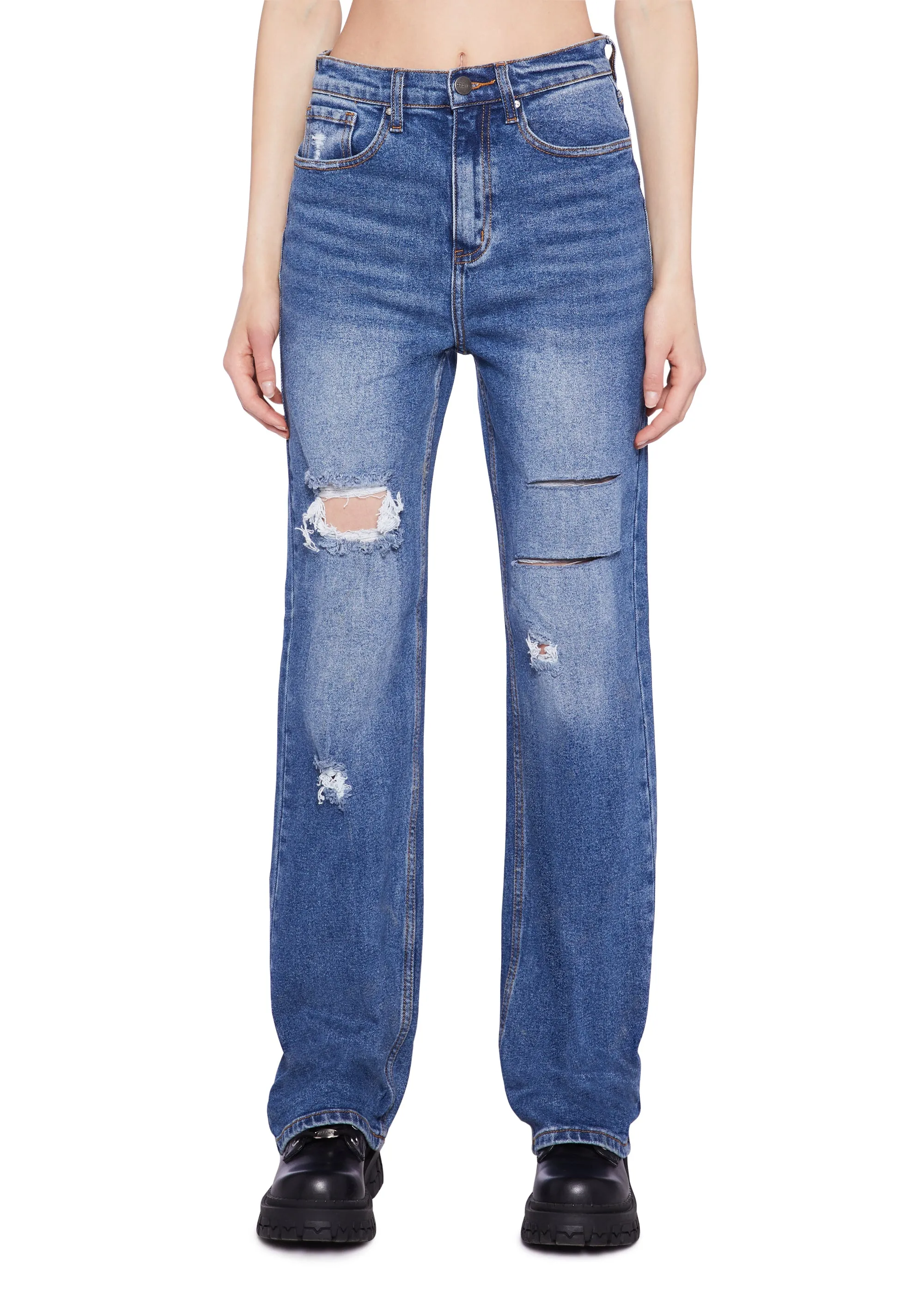 Distressed High Rise Straight Denim Jeans -  Dark Blue