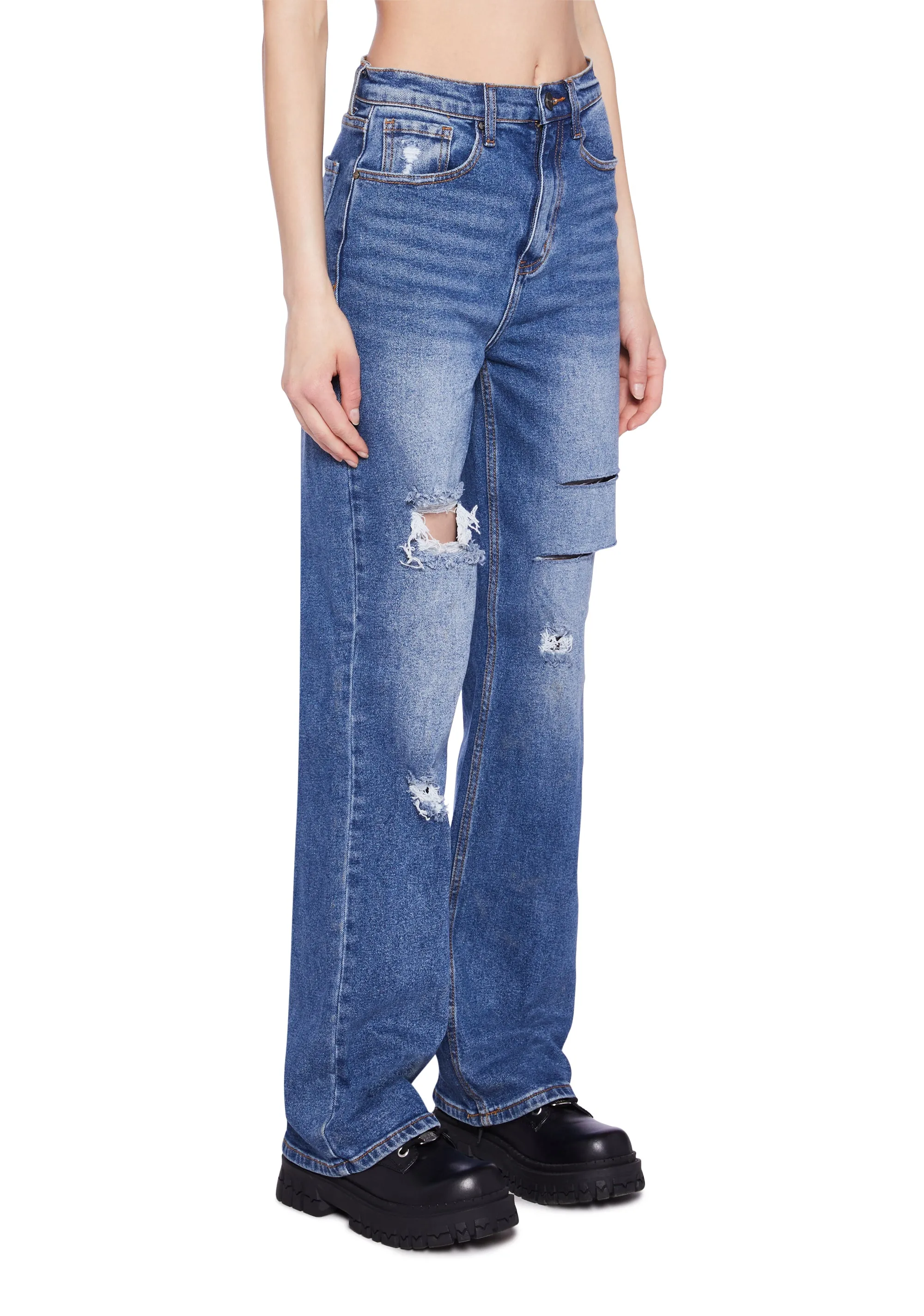 Distressed High Rise Straight Denim Jeans -  Dark Blue