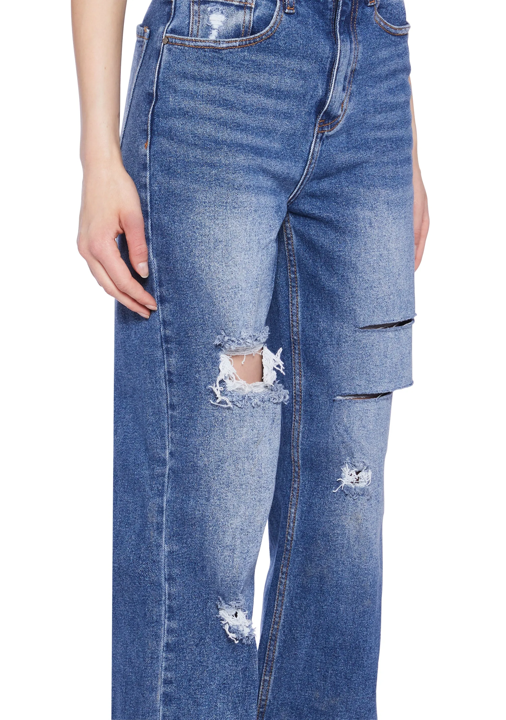 Distressed High Rise Straight Denim Jeans -  Dark Blue