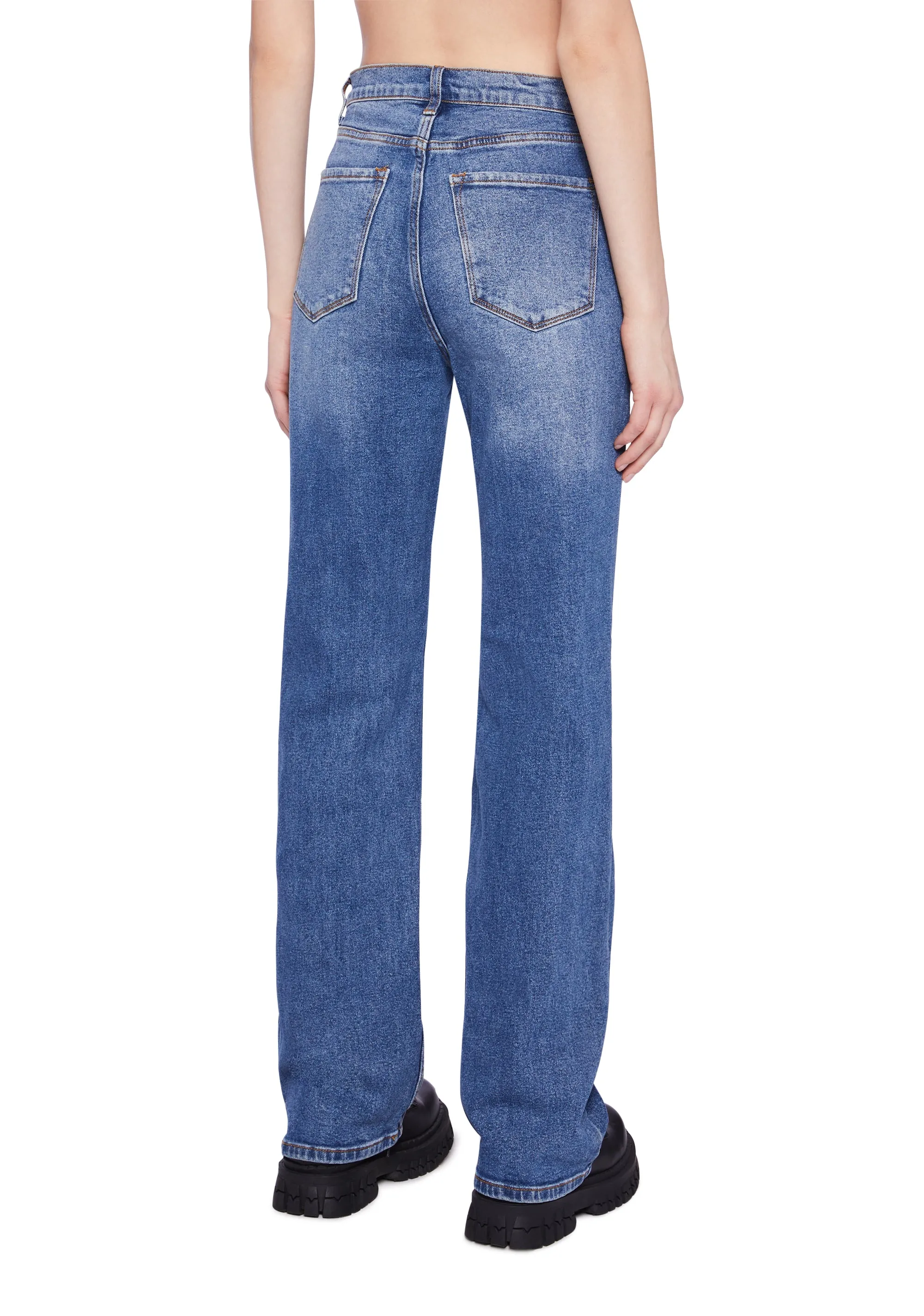 Distressed High Rise Straight Denim Jeans -  Dark Blue
