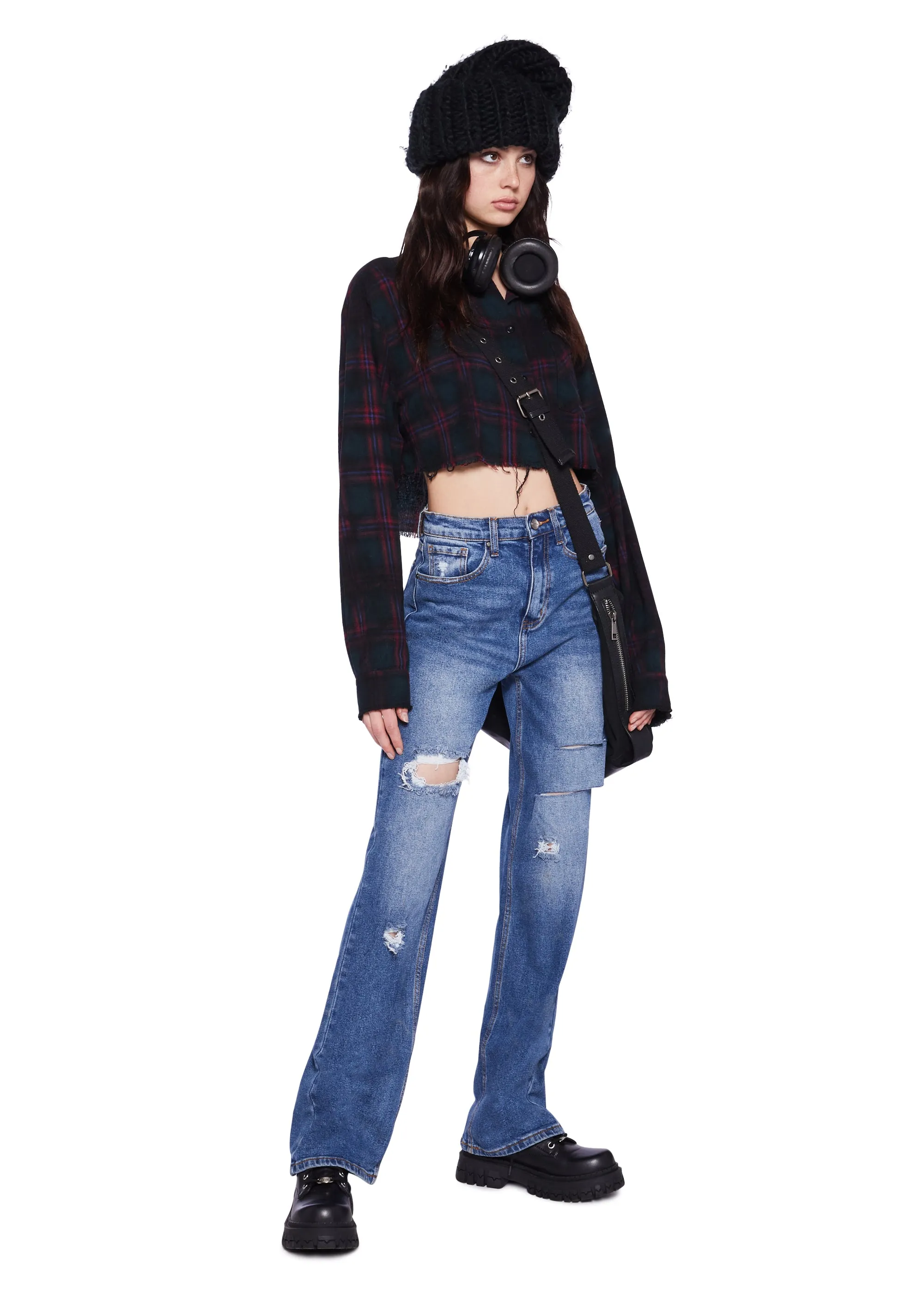 Distressed High Rise Straight Denim Jeans -  Dark Blue