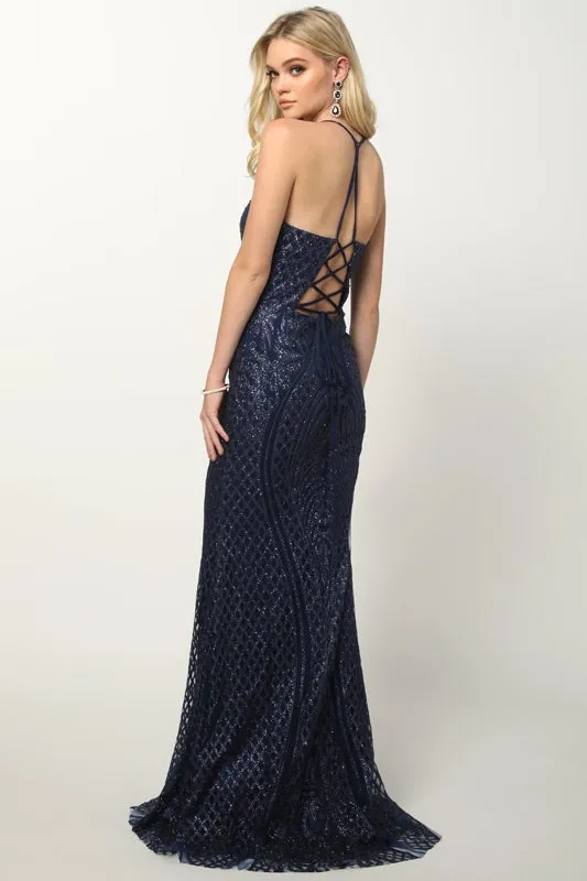 Fitted Glitter Print Lace-Up Gown by Juliet 681