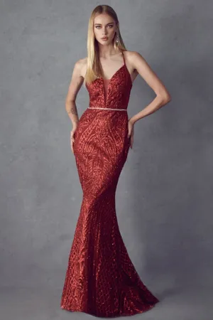 Fitted Glitter Print Lace-Up Gown by Juliet 681
