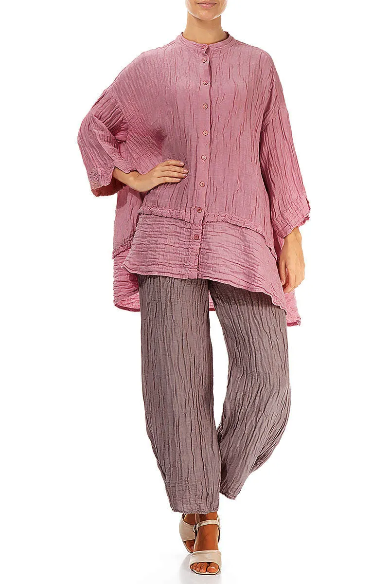 Flared Crinkled Mauve Taupe Silk Shirt