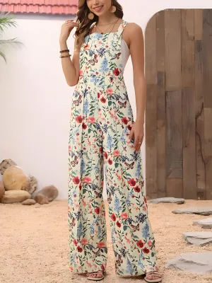 Floral Wide Leg Overalls Sleeveless Pants Jumpsuit Floral Romper