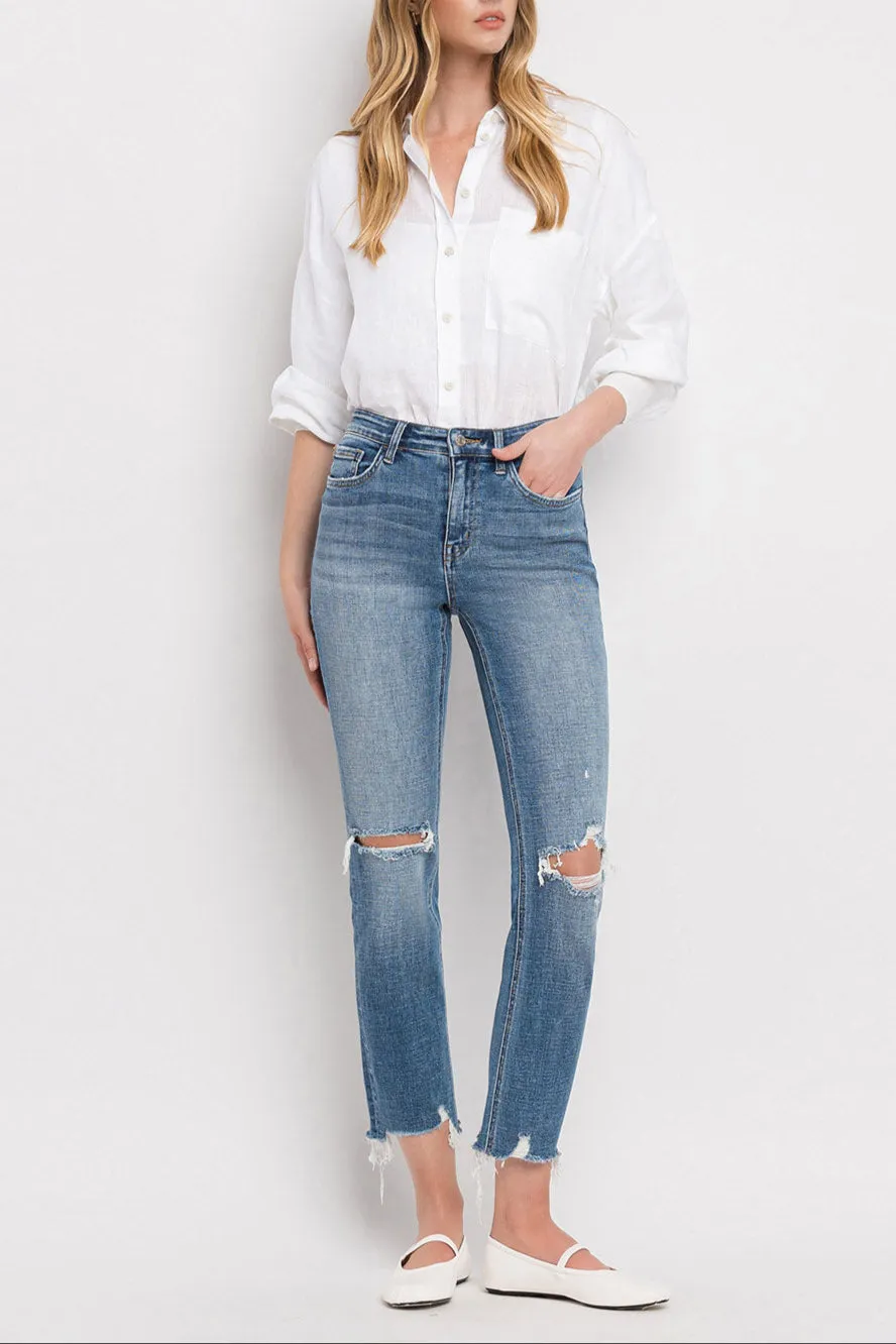 Flying Monkey - Holly - High Rise Distressed Hem Slim Straight Jeans - F5022