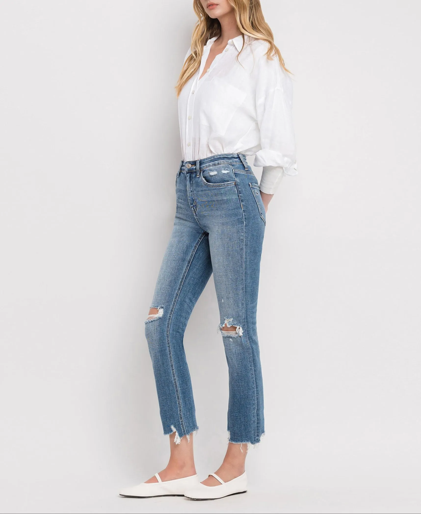 Flying Monkey - Holly - High Rise Distressed Hem Slim Straight Jeans - F5022