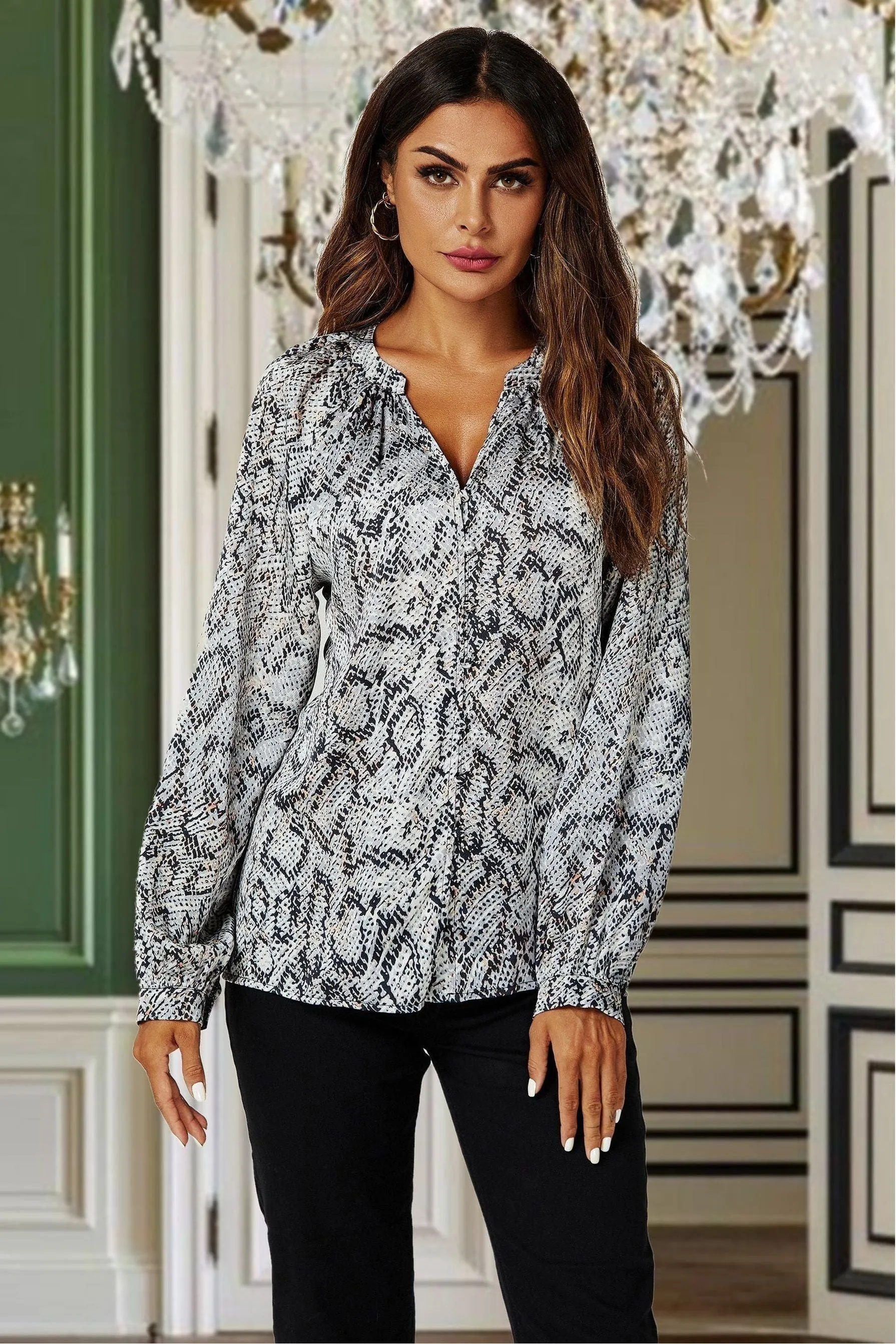 FS Collection Satin Snake Print Long Sleeve Blouse Top In Grey