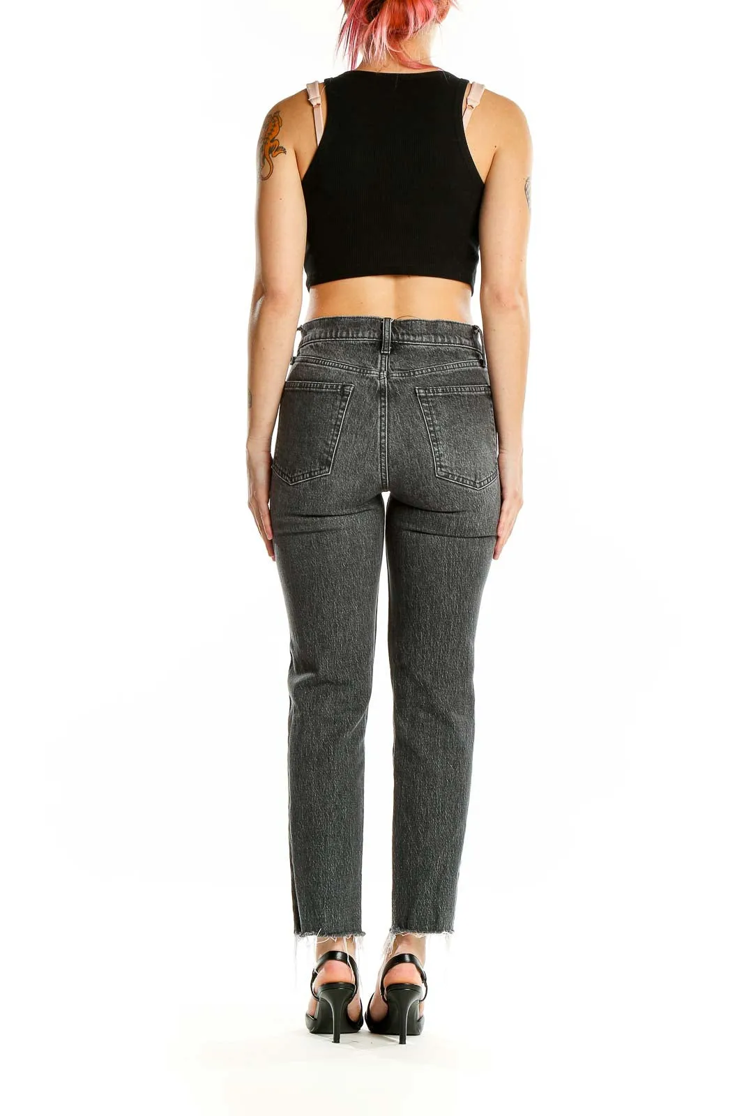 Gray Distressed High-Rise Straight-Leg Jeans