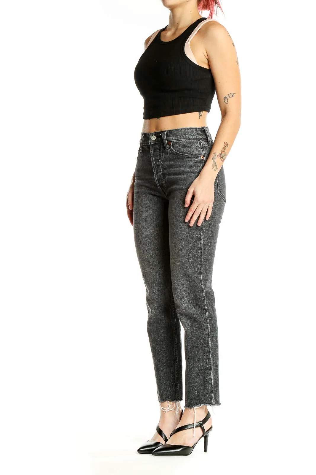 Gray Distressed High-Rise Straight-Leg Jeans