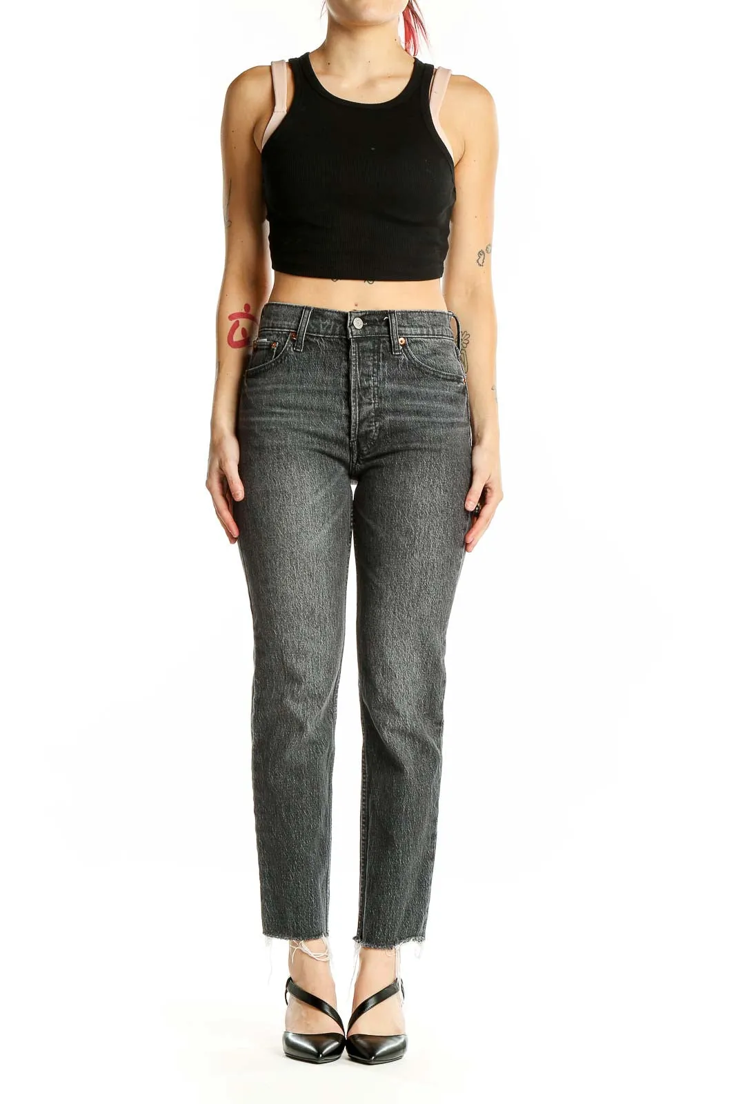 Gray Distressed High-Rise Straight-Leg Jeans