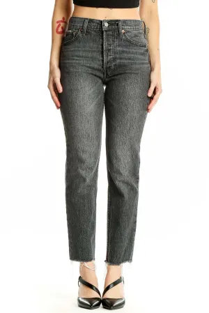 Gray Distressed High-Rise Straight-Leg Jeans