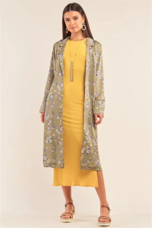 Green Multi Floral Satin Open Front Self Tie Duster Coat /2-2-2