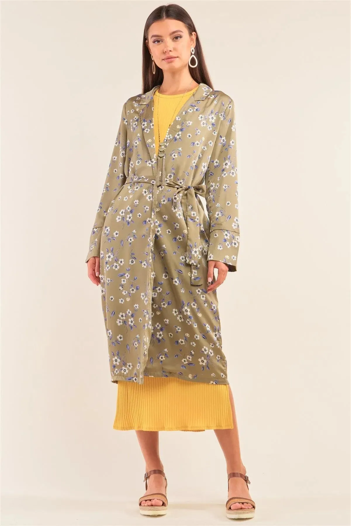 Green Multi Floral Satin Open Front Self Tie Duster Coat /2-2-2