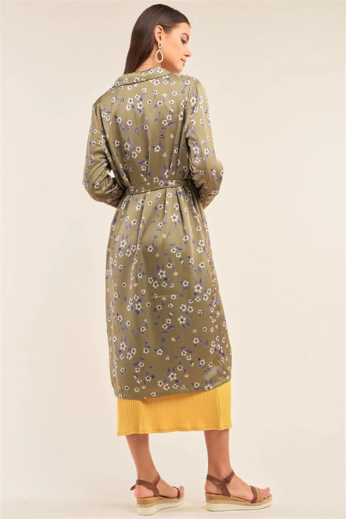 Green Multi Floral Satin Open Front Self Tie Duster Coat /2-2-2