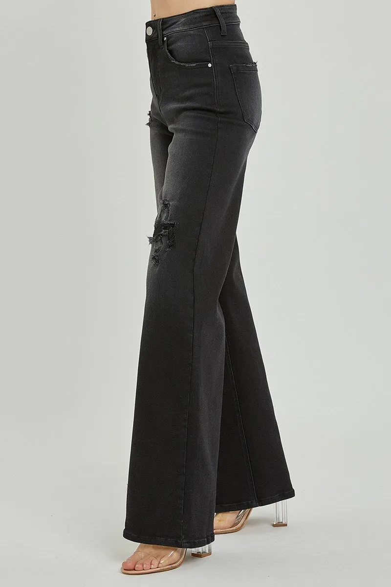 High Rise Distressed Detail Wide Leg Black Denim Jeans by Risen
