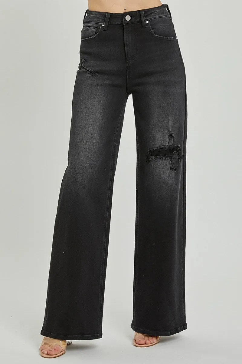High Rise Distressed Detail Wide Leg Black Denim Jeans by Risen