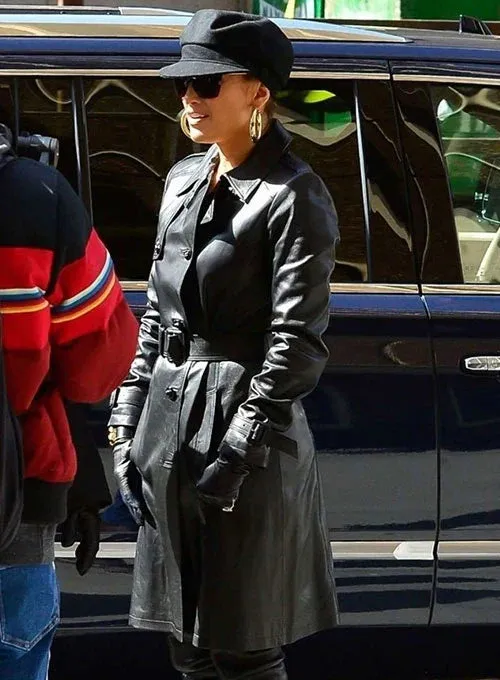 Jennifer Lopez black leather trench coat