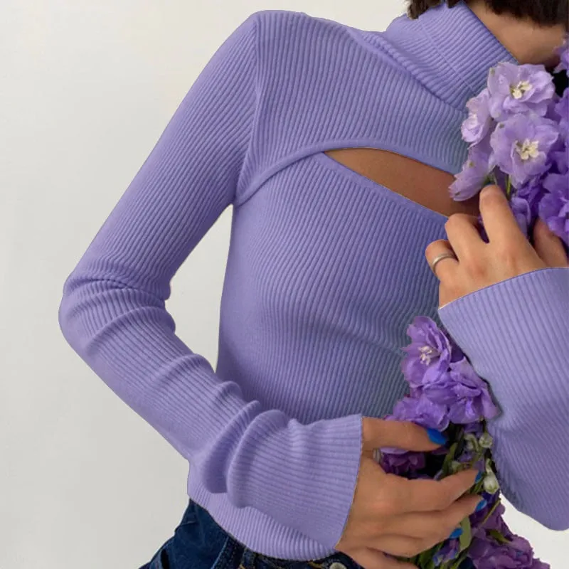 Joskaa Christmas Gift Women Sexy Ribber Knitted Turtleneck Top 2024 Autumn Korean Slim Pullover Sweater Casual Soft Warm Long Sleeve Hollow Pullover