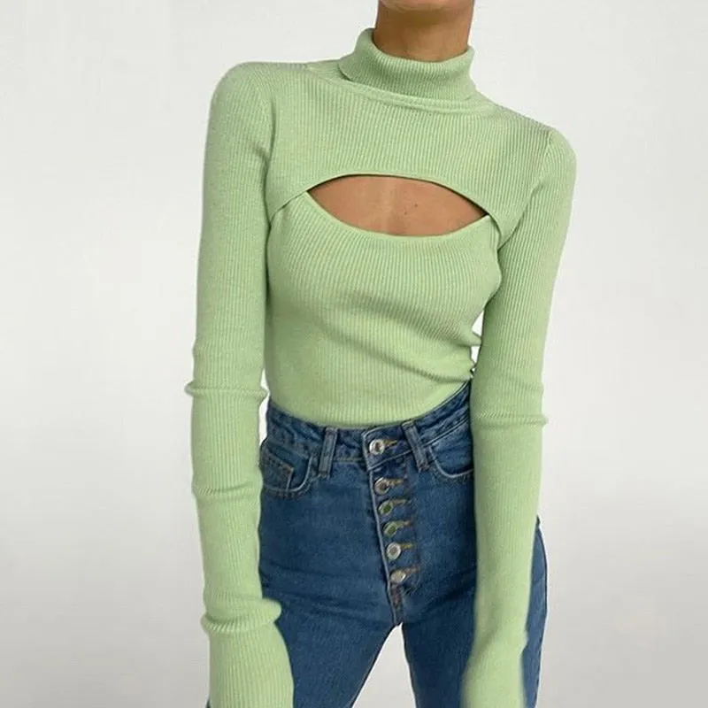 Joskaa Christmas Gift Women Sexy Ribber Knitted Turtleneck Top 2024 Autumn Korean Slim Pullover Sweater Casual Soft Warm Long Sleeve Hollow Pullover