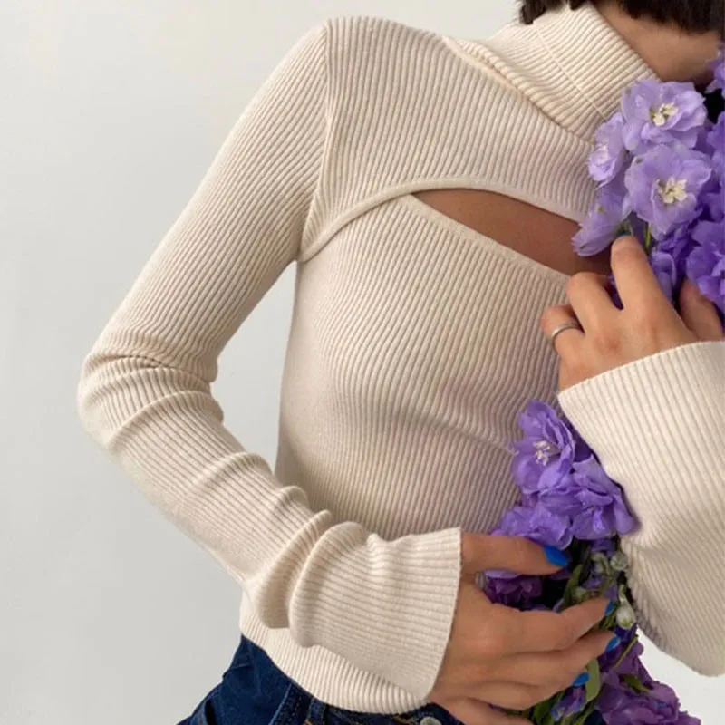 Joskaa Christmas Gift Women Sexy Ribber Knitted Turtleneck Top 2024 Autumn Korean Slim Pullover Sweater Casual Soft Warm Long Sleeve Hollow Pullover
