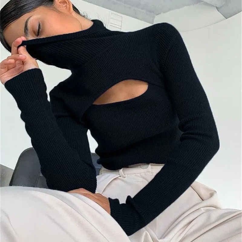Joskaa Christmas Gift Women Sexy Ribber Knitted Turtleneck Top 2024 Autumn Korean Slim Pullover Sweater Casual Soft Warm Long Sleeve Hollow Pullover