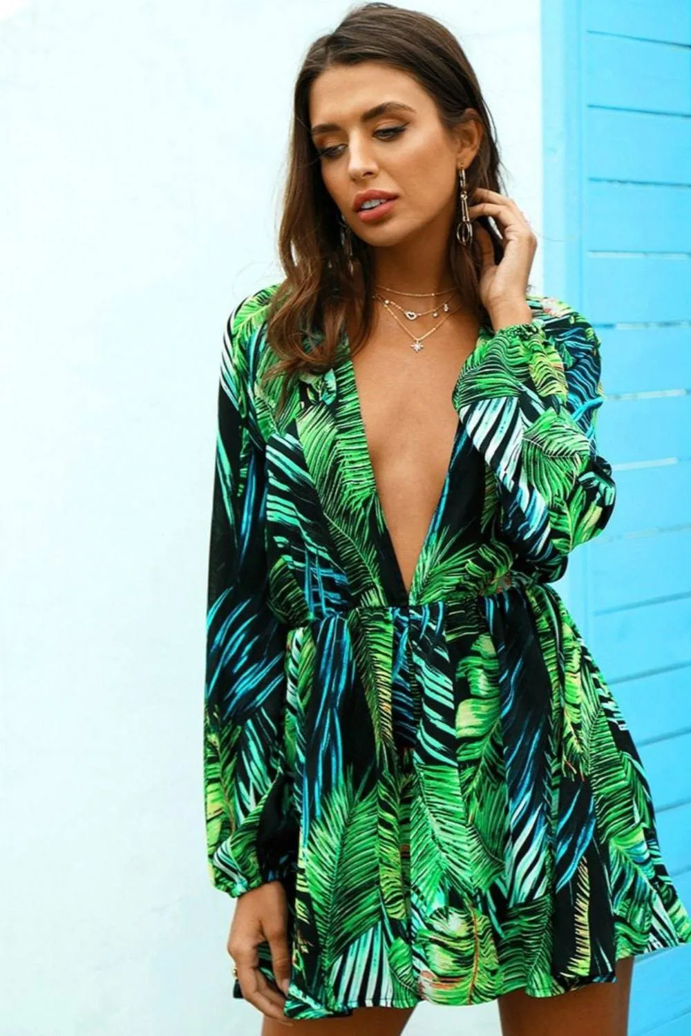 Jungle Leaf Print Chiffon Bodysuit Mini Dress