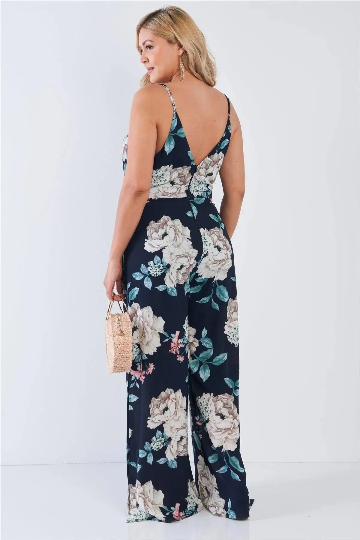 Junior Plus Size Navy Floral V-Neck Double Slit Wide Leg Jumpsuit /2-2-2