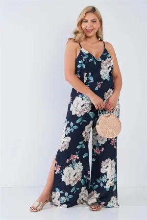 Junior Plus Size Navy Floral V-Neck Double Slit Wide Leg Jumpsuit /2-2-2