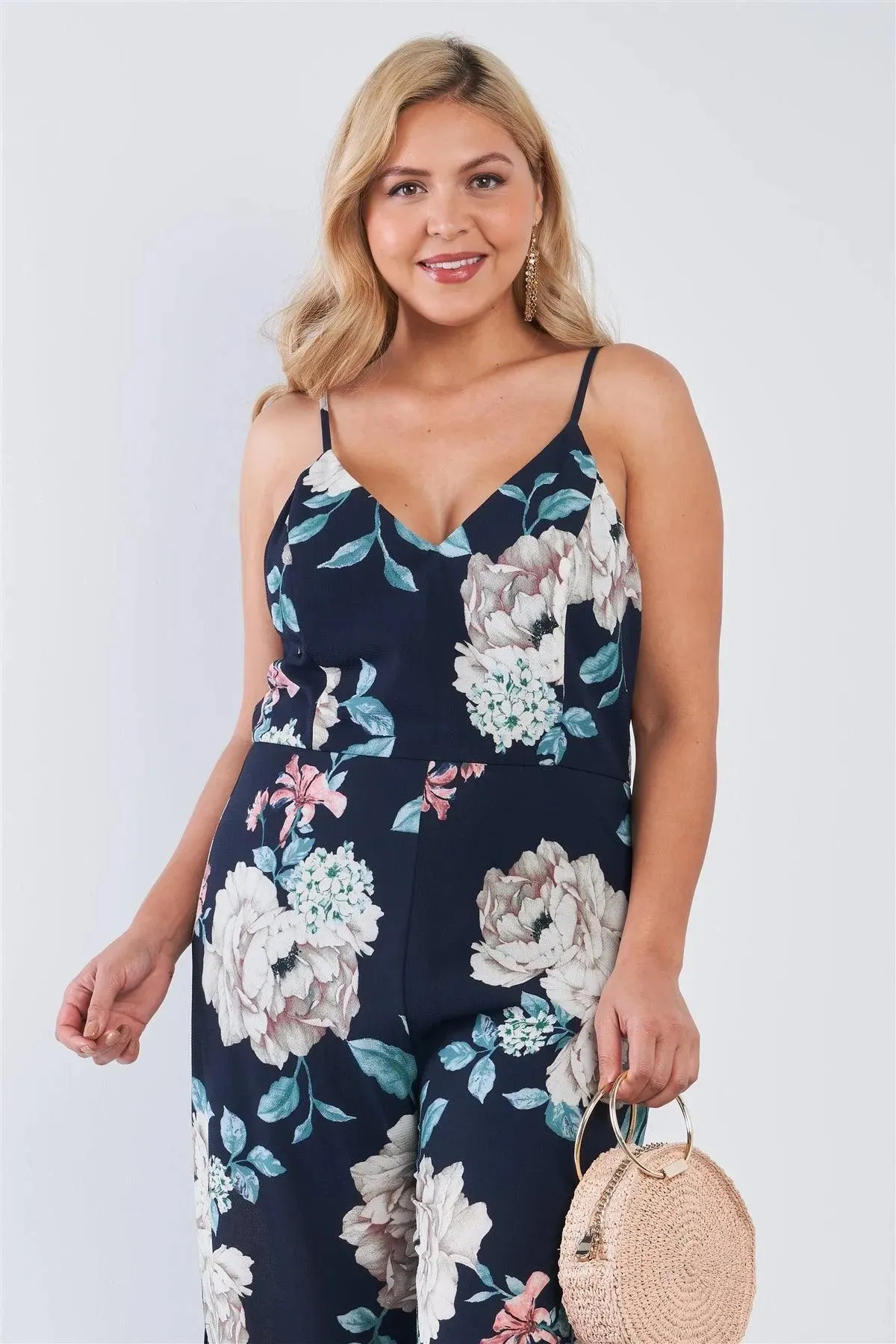 Junior Plus Size Navy Floral V-Neck Double Slit Wide Leg Jumpsuit /2-2-2