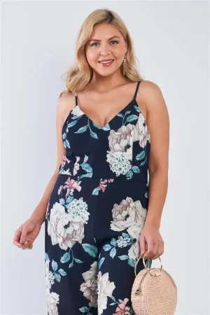Junior Plus Size Navy Floral V-Neck Double Slit Wide Leg Jumpsuit /3-2-2