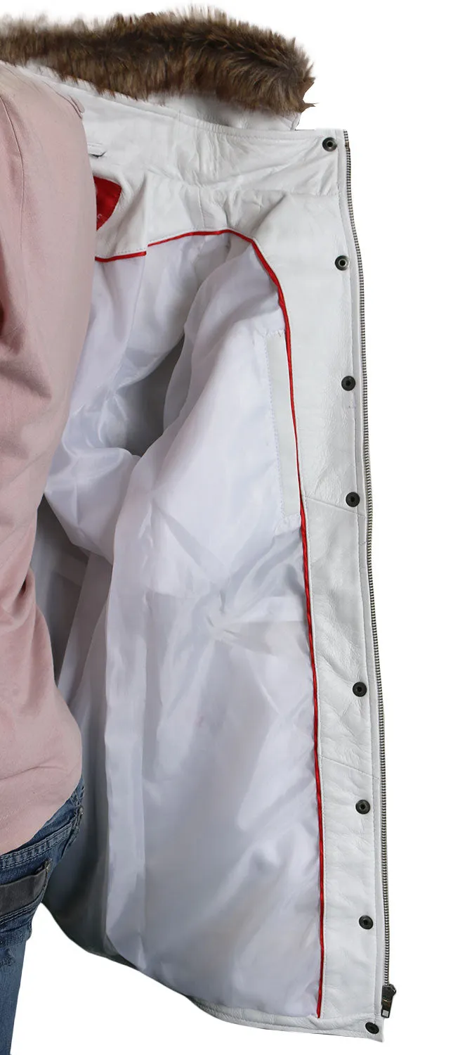 Leather Jackets Hub Womens Genuine Lambskin Leather Over Coat (White, Parka Coat) - 1722039