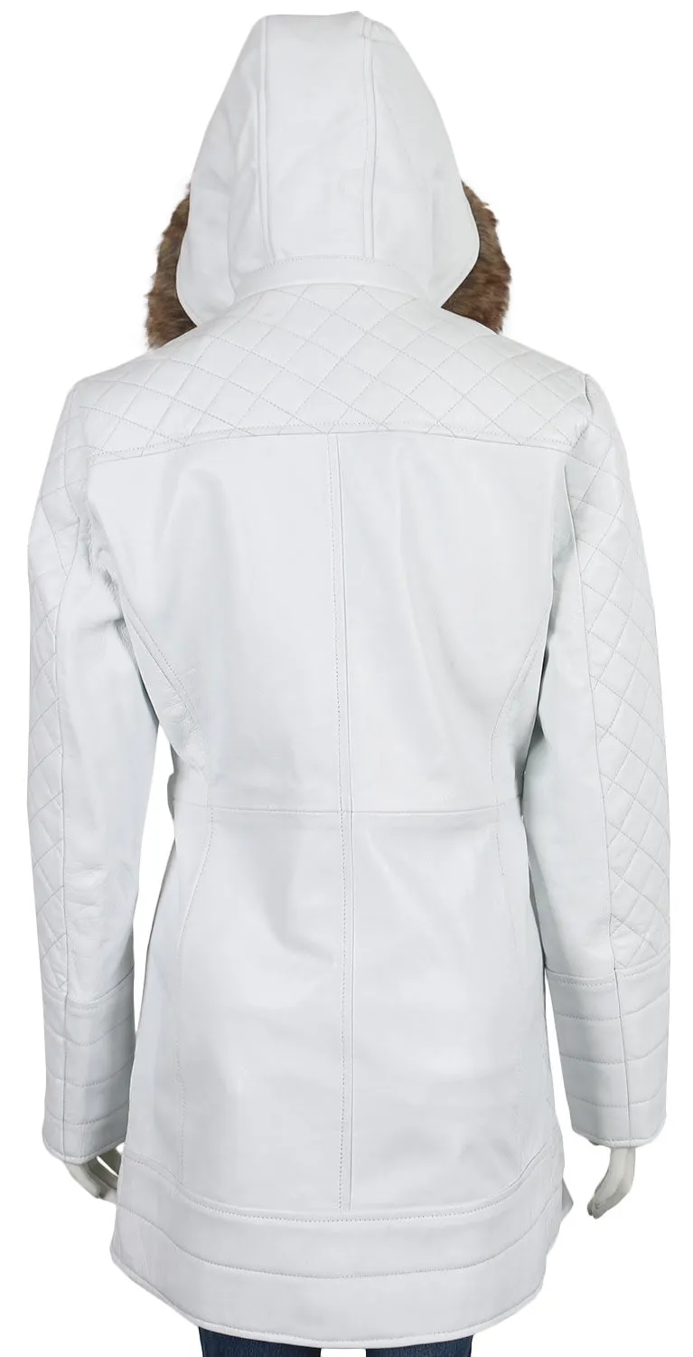 Leather Jackets Hub Womens Genuine Lambskin Leather Over Coat (White, Parka Coat) - 1722039